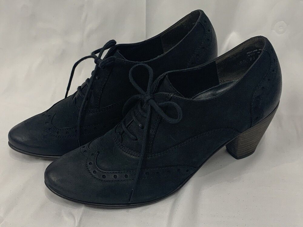 PAUL GREEN Kelsey Nubuck Wingtip Oxford Ankle Booties Pumps Chunky Heels 8 Black
